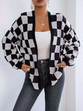 Checkerboard Pattern Open Front Knit Cardigan - Trendsi - Flyclothing LLC