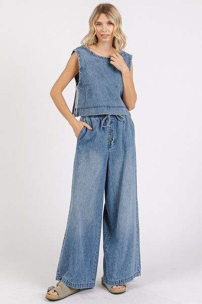 Mittoshop Washed Denim Distressed Detail Crop Tank - Trendsi - Flyclothing LLC