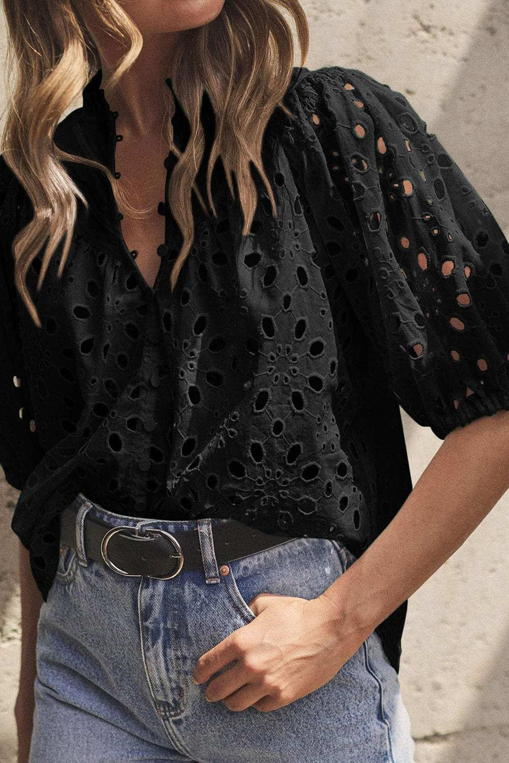 Eyelet Button Up Half Sleeve Blouse - Trendsi - Flyclothing LLC