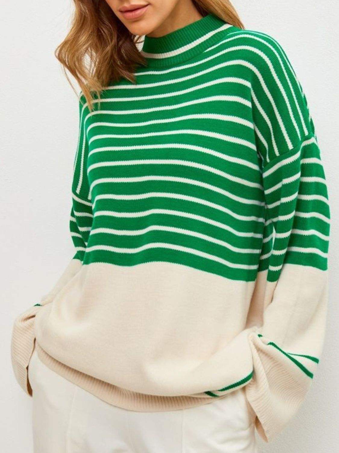 Striped Mock Neck Long Sleeve Sweater - Trendsi - Flyclothing LLC