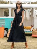 Lace Detail Plunge Cap Sleeve Midi Dress - Trendsi