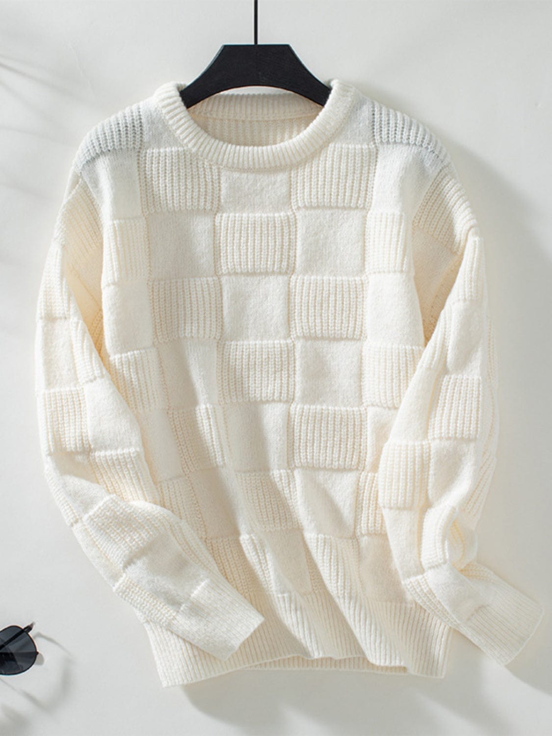 Checkered Round Neck Long Sleeve Sweater - Trendsi