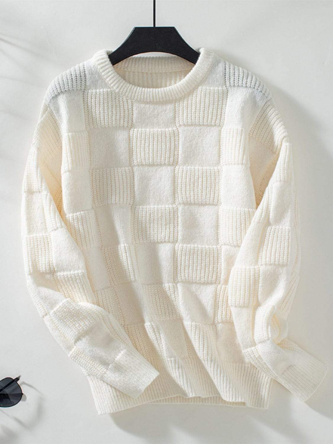 Checkered Round Neck Long Sleeve Sweater - Trendsi - Flyclothing LLC