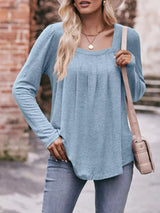 Pleated Square Neck Long Sleeve T-Shirt - Trendsi - Flyclothing LLC