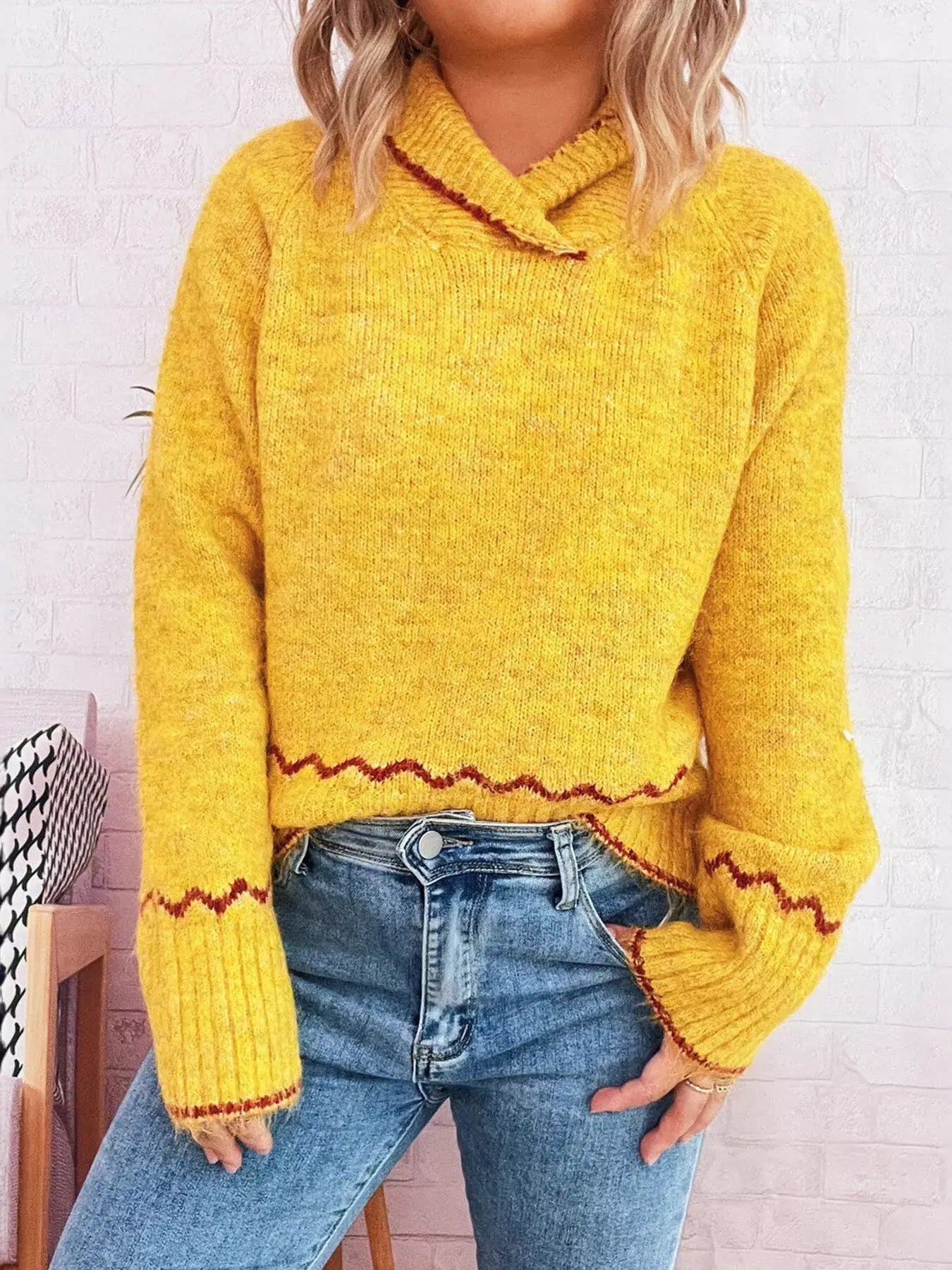 Ribbed Contrast Trim Long Sleeve Sweater - Trendsi - Flyclothing LLC