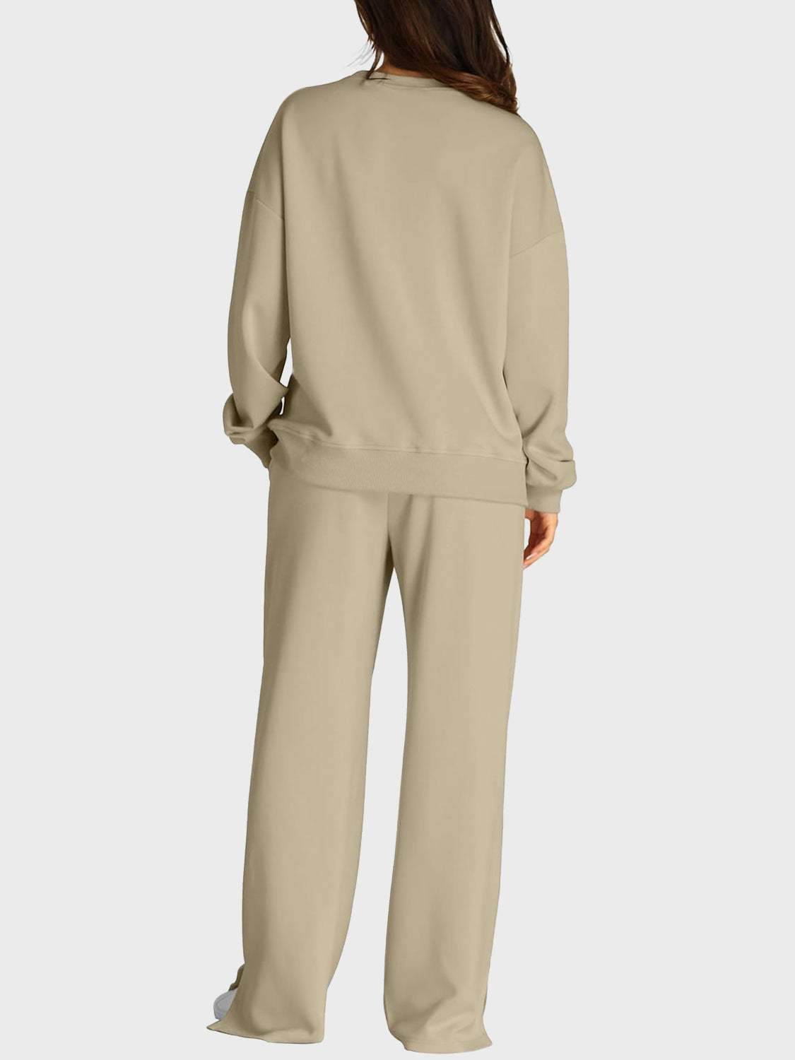 Round Neck Long Sleeve Top and Slit Pants Set - Trendsi - Flyclothing LLC