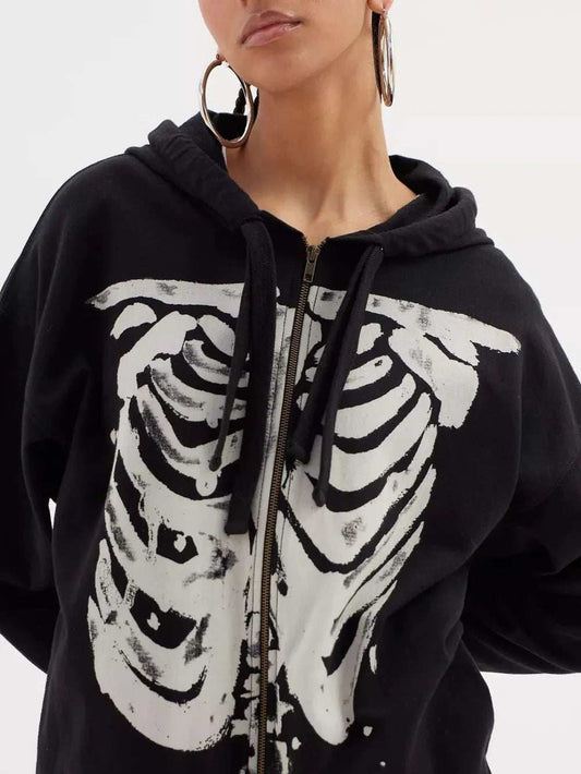 Skeleton Zip Up Drawstring Hoodie - Trendsi - Flyclothing LLC