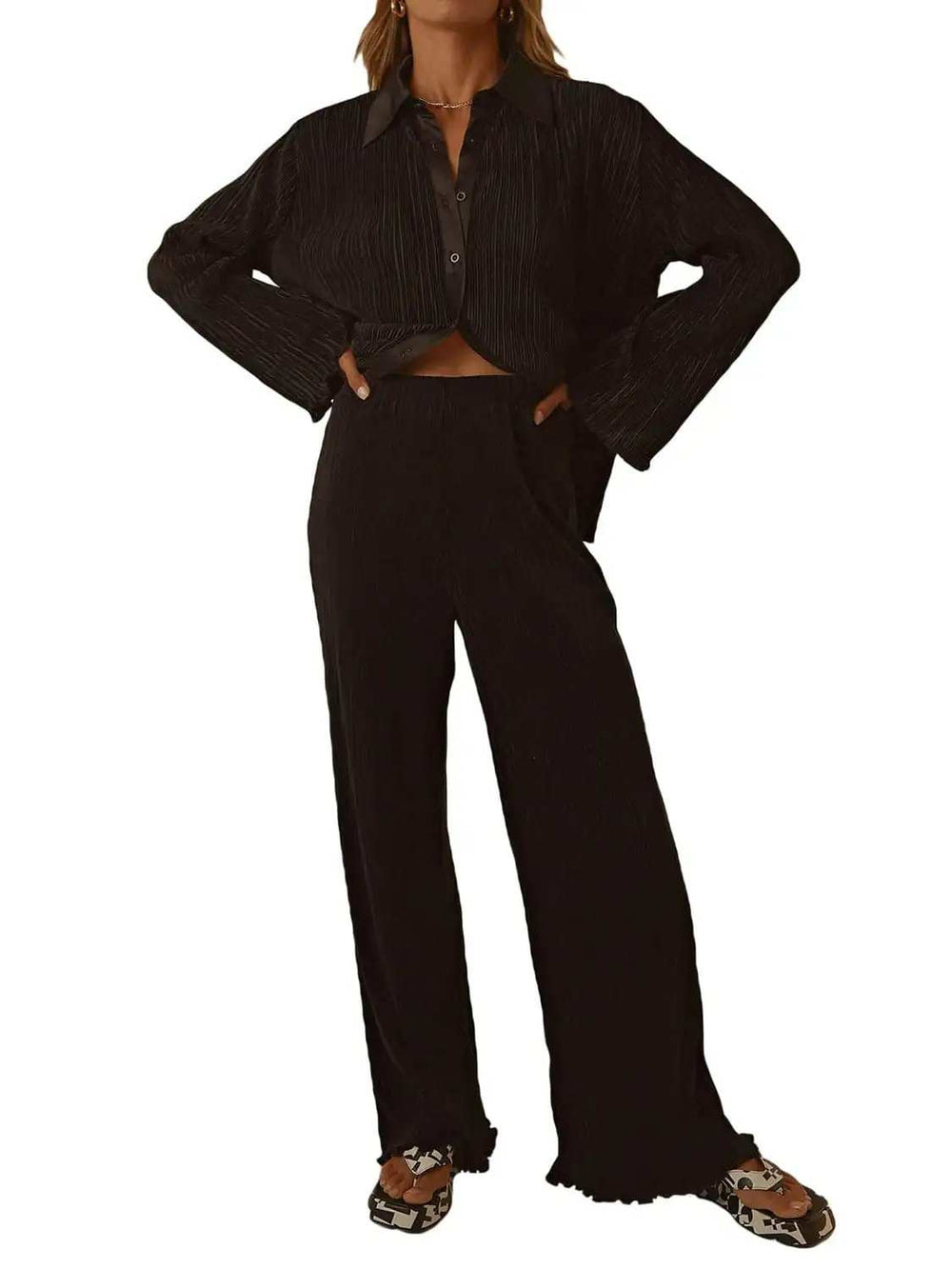 Collared Neck Long Sleeve Top and Pants Lounge Set - Trendsi - Flyclothing LLC