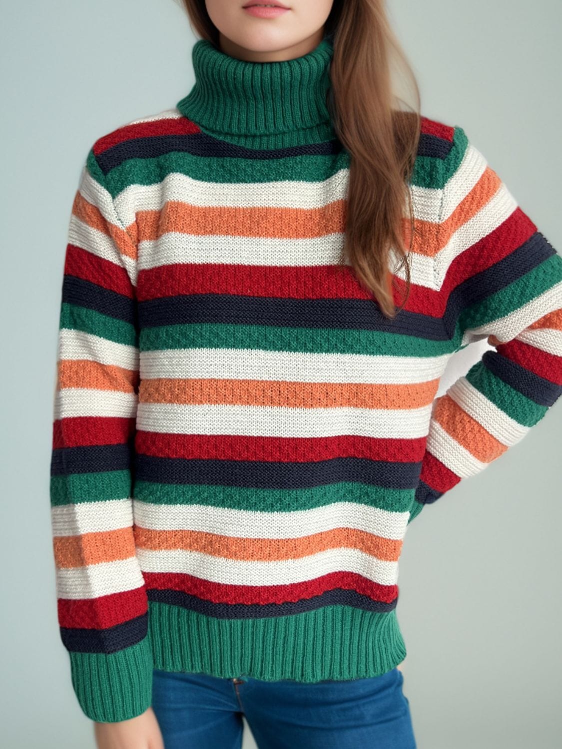 Contrast Stripes Turtleneck Long Sleeve Sweater - Trendsi