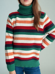 Contrast Stripes Turtleneck Long Sleeve Sweater - Trendsi