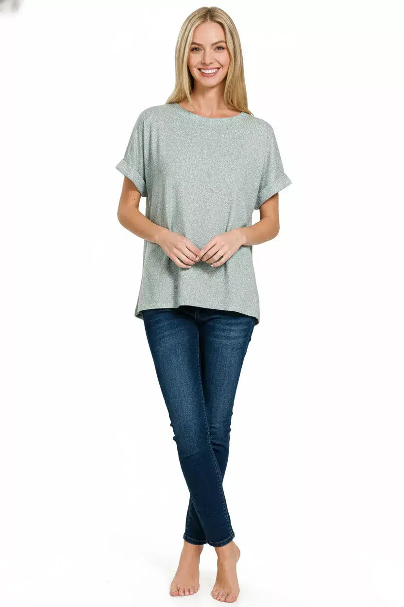 Zenana Soft Melange Hacci Short Sleeve Round Neck Top - Trendsi - Flyclothing LLC