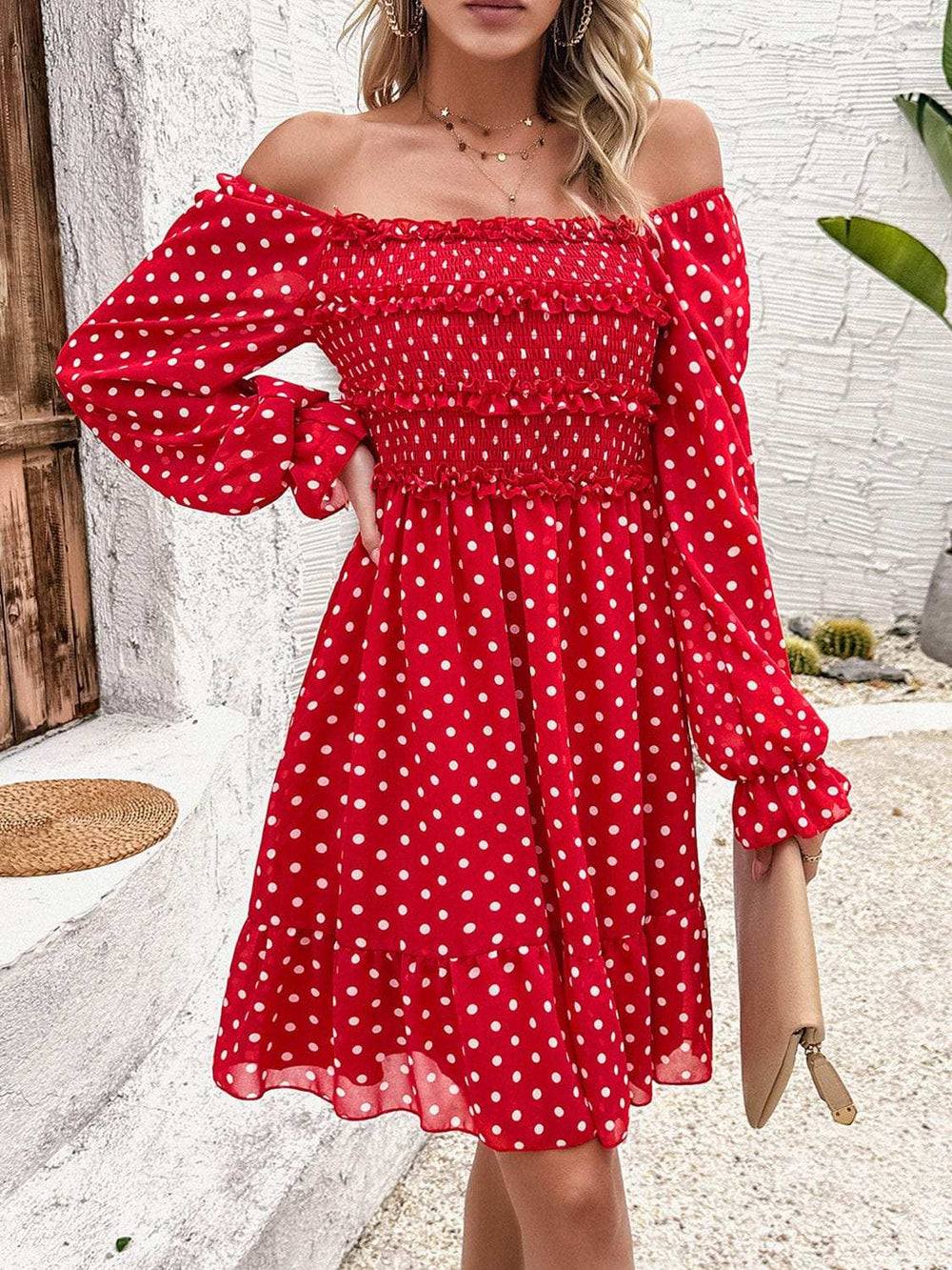 Smocked Polka Dot Long Sleeve Dress - Trendsi - Flyclothing LLC