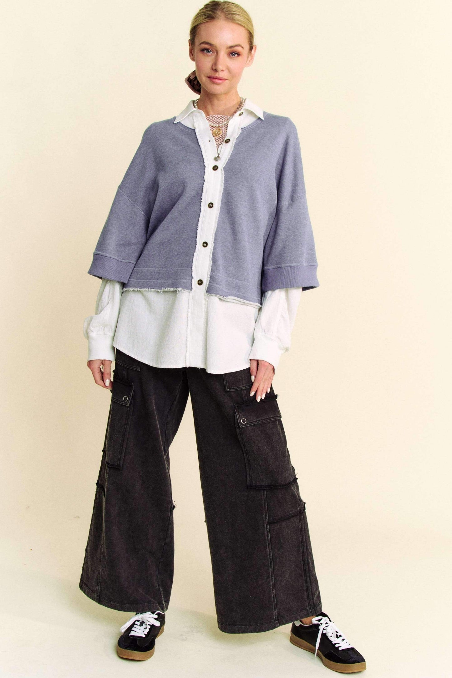 Davi & Dani Faux Layered French Terry Contrast Top - Trendsi - Flyclothing LLC