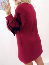 Contrast Striped Bow Detail Drop Shoulder Sweatshirt Dress with Pockets - Trendsi - Flyclothing LLC