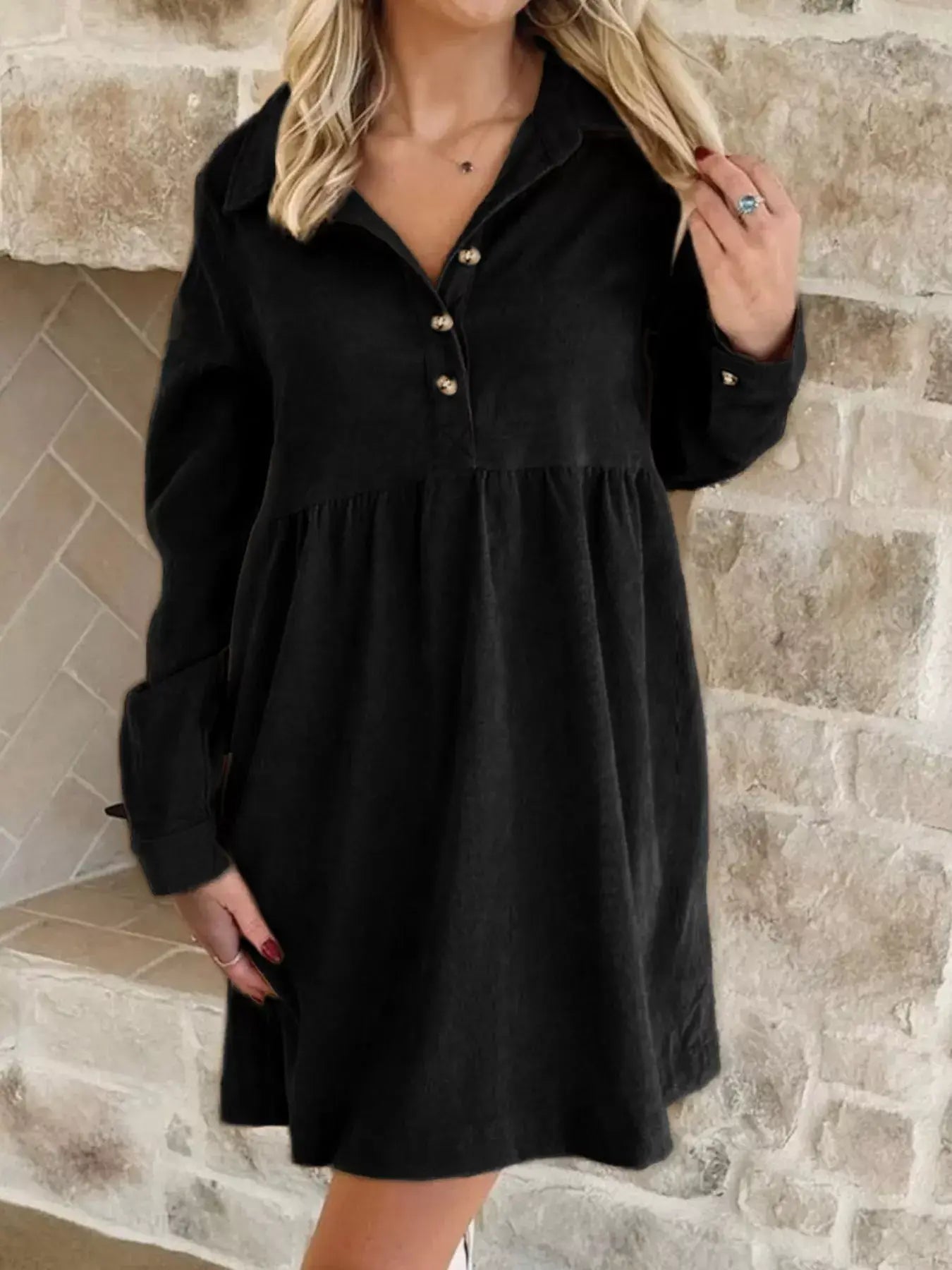 Casual Corduroy Button Detail Mini Dress - Trendsi - Flyclothing LLC