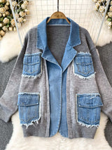Raw Hem Denim Pocket Patchwork Cardigan - Trendsi - Flyclothing LLC