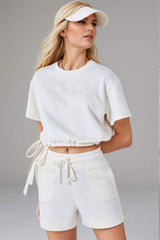 Basic Bae Drawstring Hem Air Scuba Round Neck Short Sleeve T-Shirt - Trendsi - Flyclothing LLC