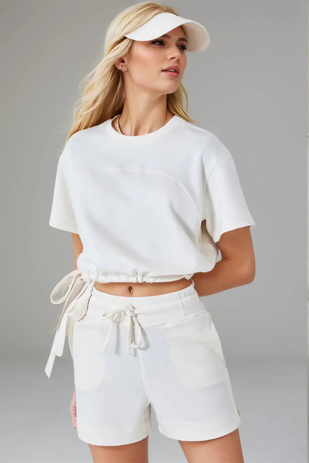Basic Bae Drawstring Hem Air Scuba Round Neck Short Sleeve T-Shirt - ShopBasicbae - Flyclothing LLC