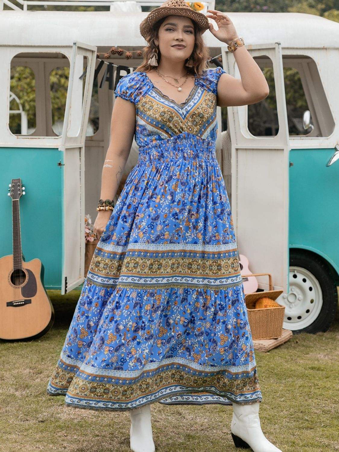 Plus Size Smocked Printed Cap Sleeve Dress - Trendsi - Flyclothing LLC