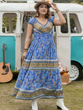 Plus Size Smocked Printed Cap Sleeve Dress - Trendsi - Flyclothing LLC