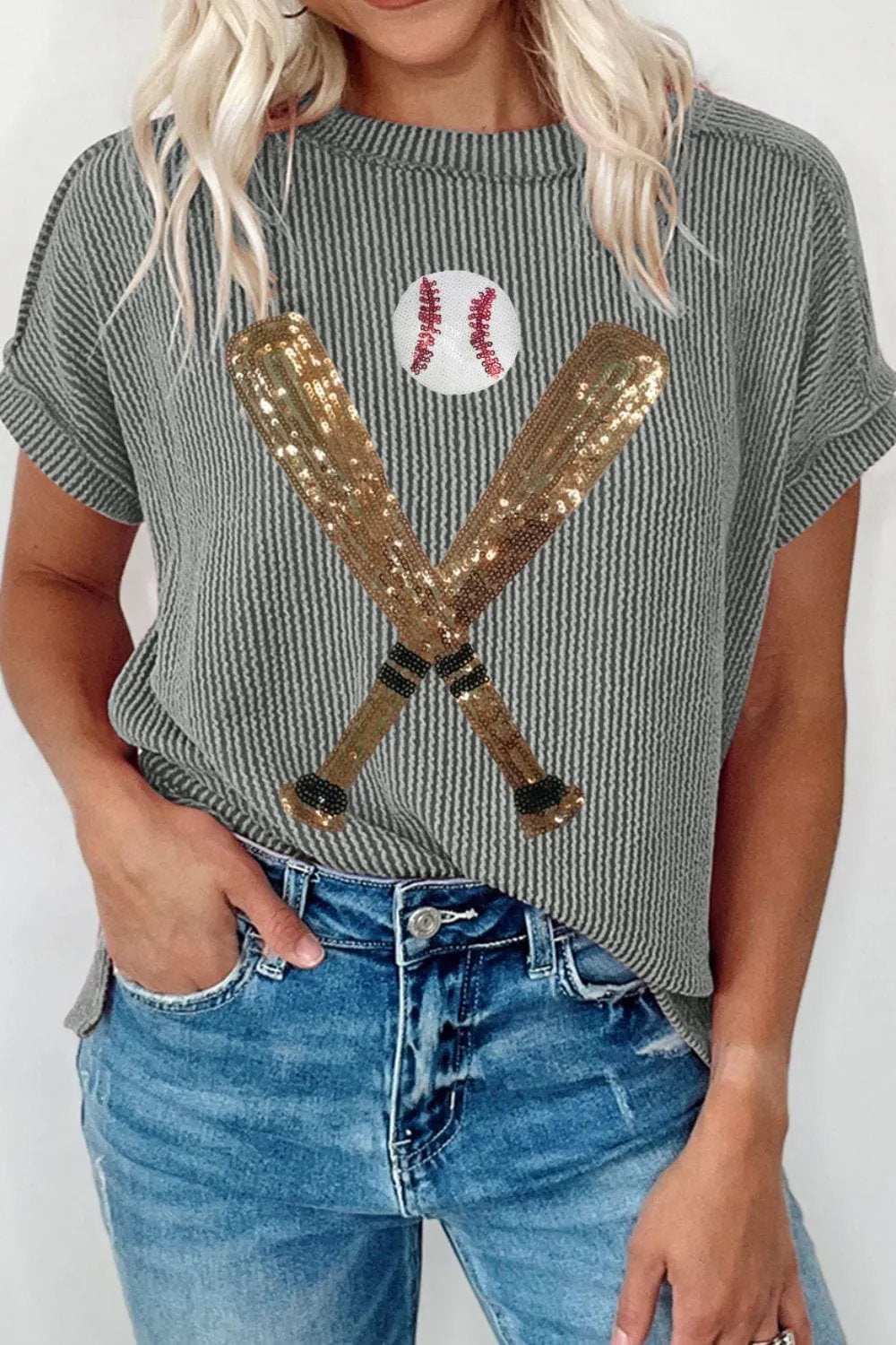 Sequin Baseball Round Neck Short Sleeve T-Shirt - Trendsi - Flyclothing LLC