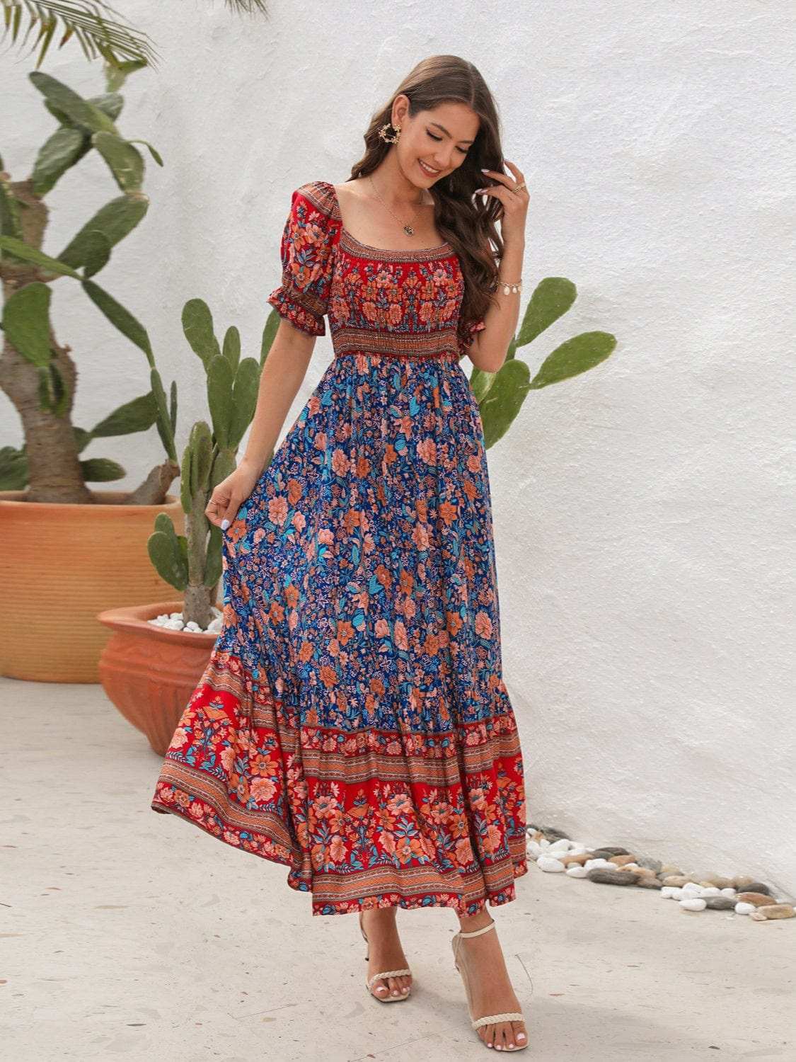 Floral Flounce Sleeve Midi Dress - Trendsi - Flyclothing LLC