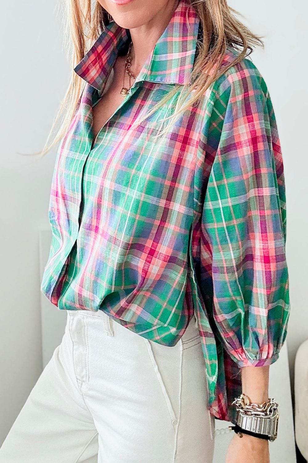 Plaid Collared Neck Three-Quarter Sleeve Shirt - Trendsi - Flyclothing LLC