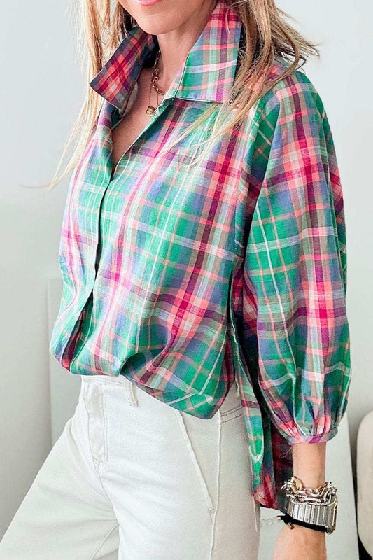 Plaid Collared Neck Three-Quarter Sleeve Shirt - Trendsi - Flyclothing LLC