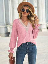 V-Neck Eyelet Flounce Sleeve Blouse - Trendsi - Flyclothing LLC