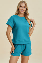 Double Take Full Size Texture Short Sleeve Top and Shorts Set - Trendsi