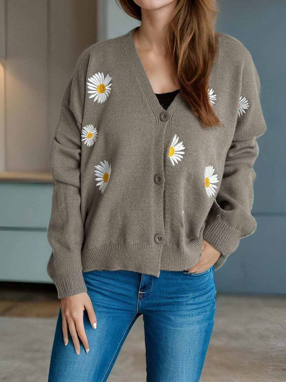 Daisy Button Up V-Neck Cardigan - Trendsi - Flyclothing LLC