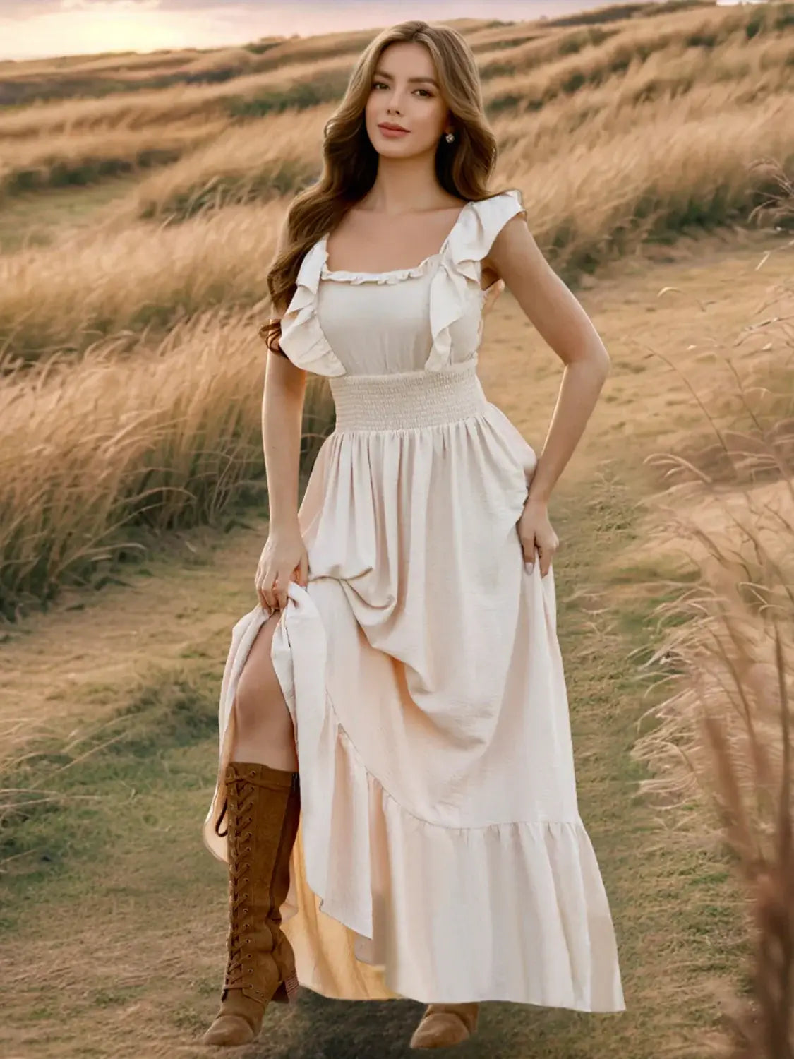 Ruffled Smocked Square Neck Maxi Dress - Trendsi - Flyclothing LLC