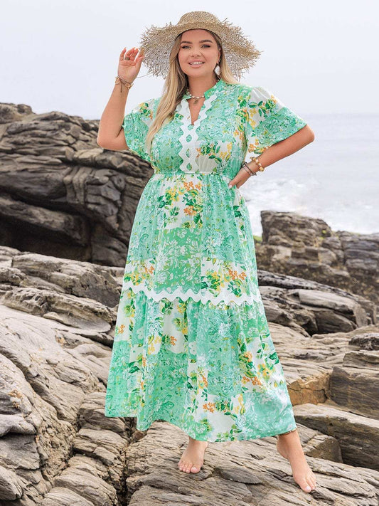 Plus Size Printed Notched Short Sleeve Maxi Dress - Trendsi - Flyclothing LLC