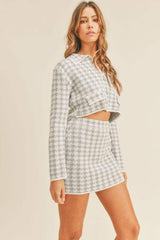 MABLE Houndstooth Cropped Knit Cardigan and Mini Skirt Set - Trendsi - Flyclothing LLC