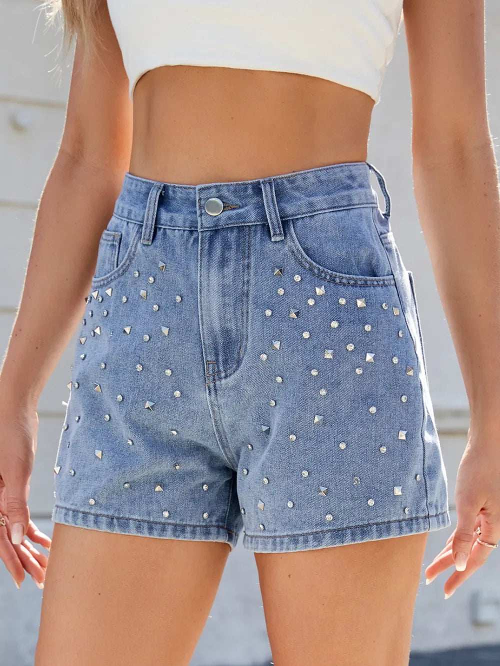 Rhinestone Washed High Waist Denim Shorts - Trendsi - Flyclothing LLC