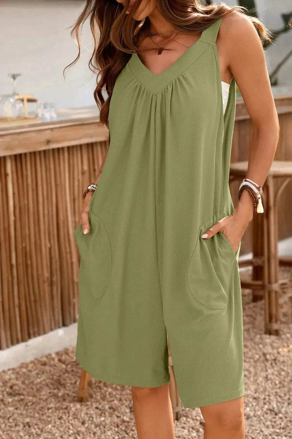 Casual V-Neck Sleeveless Romper with Pockets - Trendsi - Flyclothing LLC