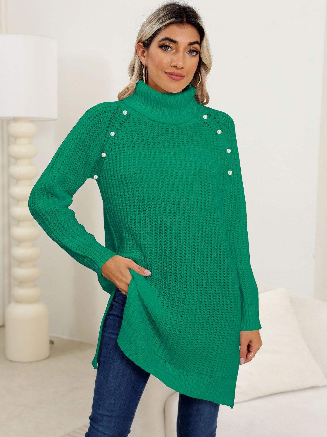 Slit Turtleneck Long Sleeve Sweater - Trendsi - Flyclothing LLC