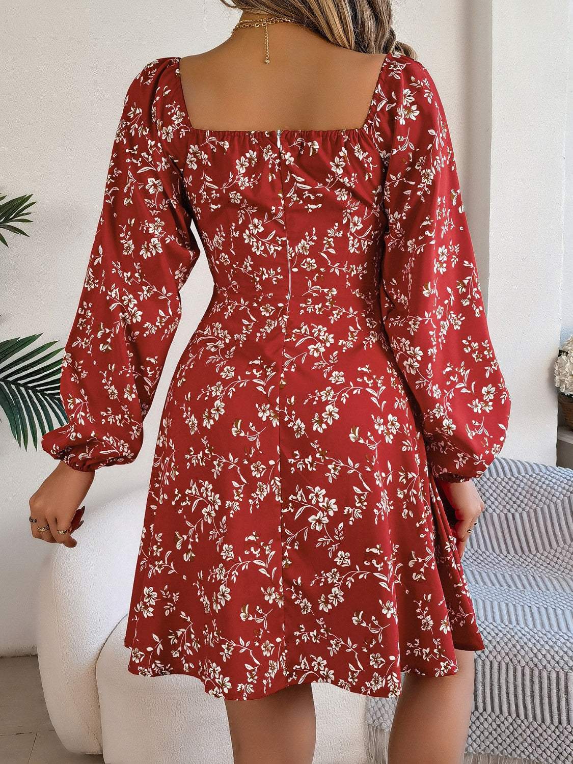 Printed Sweetheart Neck Balloon Sleeve Mini Dress - Trendsi - Flyclothing LLC