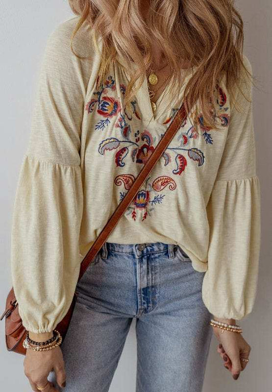 Embroidered Notched Long Sleeve Blouse - Trendsi - Flyclothing LLC