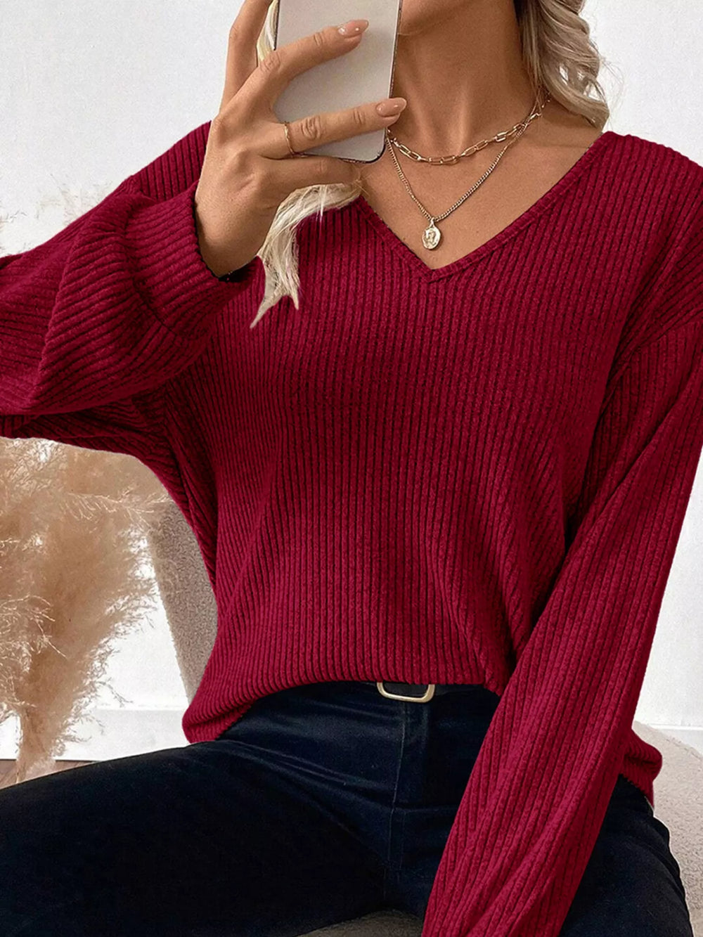 Ribbed V Neck Contrast Ribbon Bow Back Drop Shoulder Long Sleeve Top - Trendsi - Flyclothing LLC
