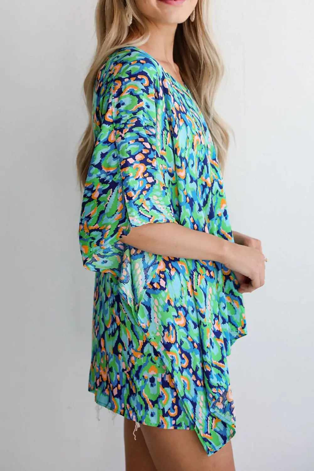 Abstract Print V Neck Half Sleeve Loose Fit Blouse - Trendsi - Flyclothing LLC