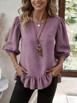 Casual Puff Sleeve Ruffle Hem Blouse - Trendsi - Flyclothing LLC