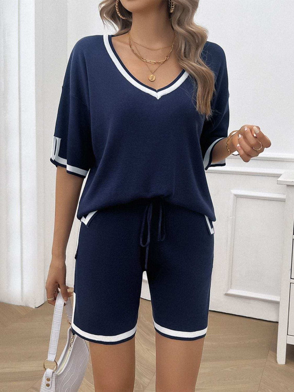 Contrast Trim V-Neck Top and Shorts Set - Trendsi - Flyclothing LLC