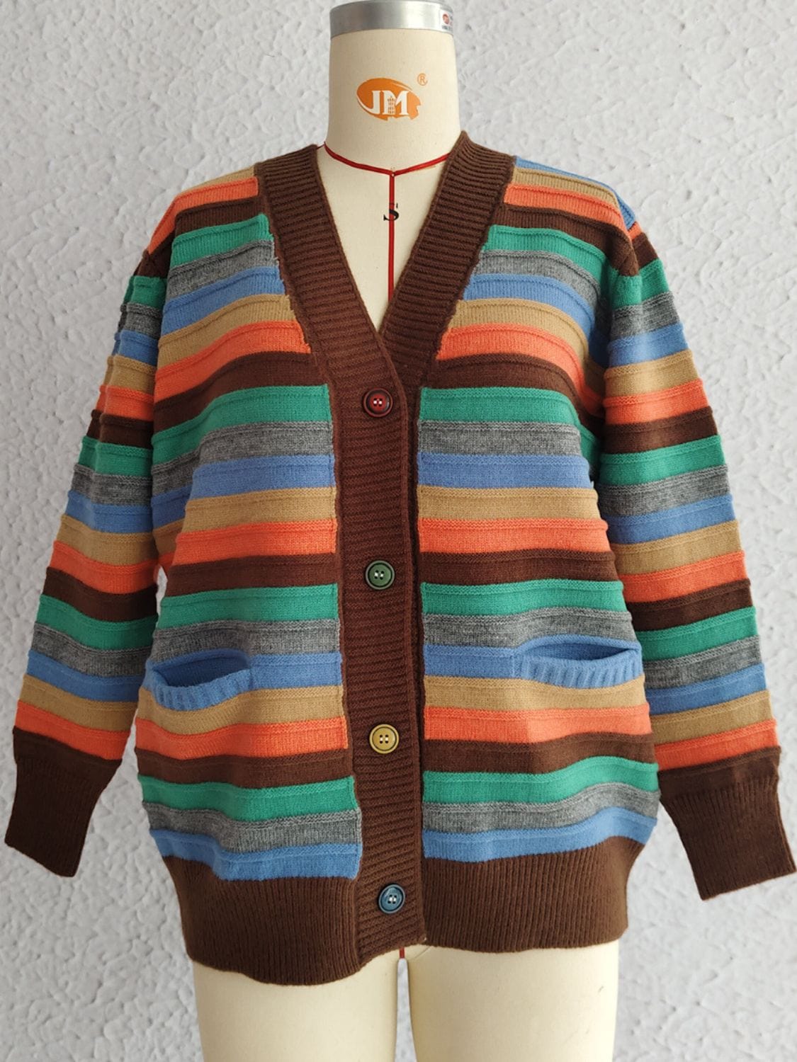 Contrast Stripes Button Up Long Sleeve Cardigan - Trendsi