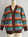 Contrast Stripes Button Up Long Sleeve Cardigan - Trendsi - Flyclothing LLC