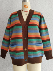 Contrast Stripes Button Up Long Sleeve Cardigan - Trendsi
