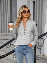 Striped Notched Long Sleeve T-Shirt - Trendsi - Flyclothing LLC
