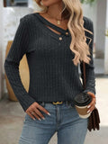 Ribbed V-Neck Long Sleeve T-Shirt - Trendsi - Flyclothing LLC