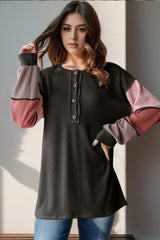 Double Take Full Size Color Block Round Neck Long Sleeve T-Shirt - Trendsi - Flyclothing LLC