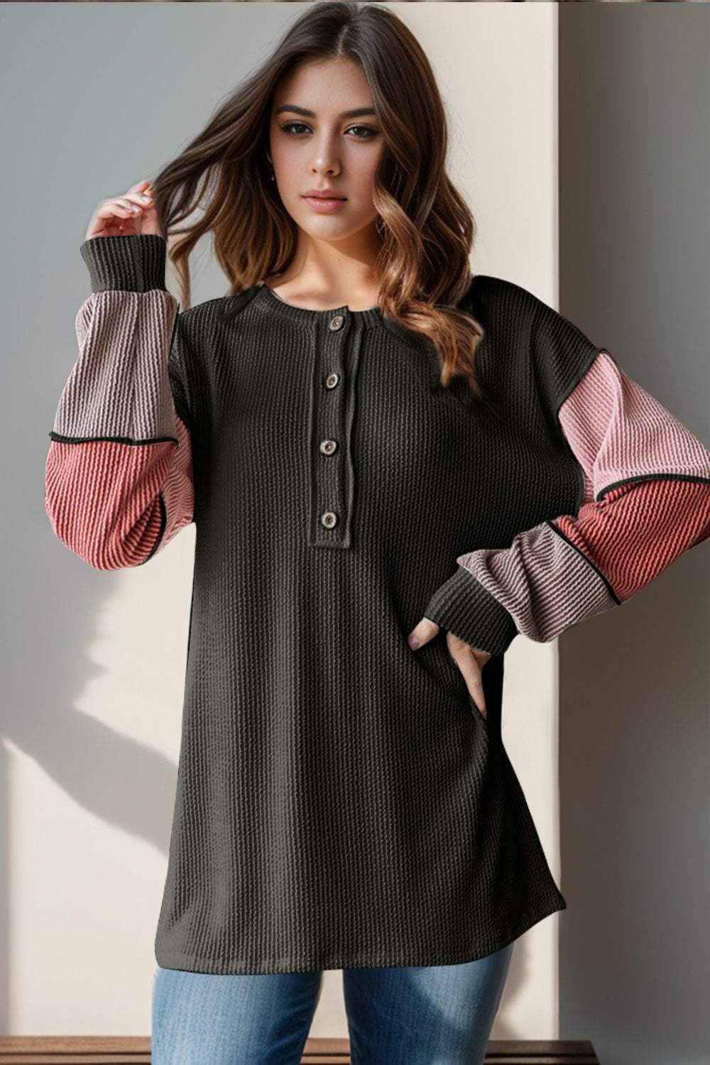 Double Take Full Size Color Block Round Neck Long Sleeve T-Shirt - Trendsi - Flyclothing LLC